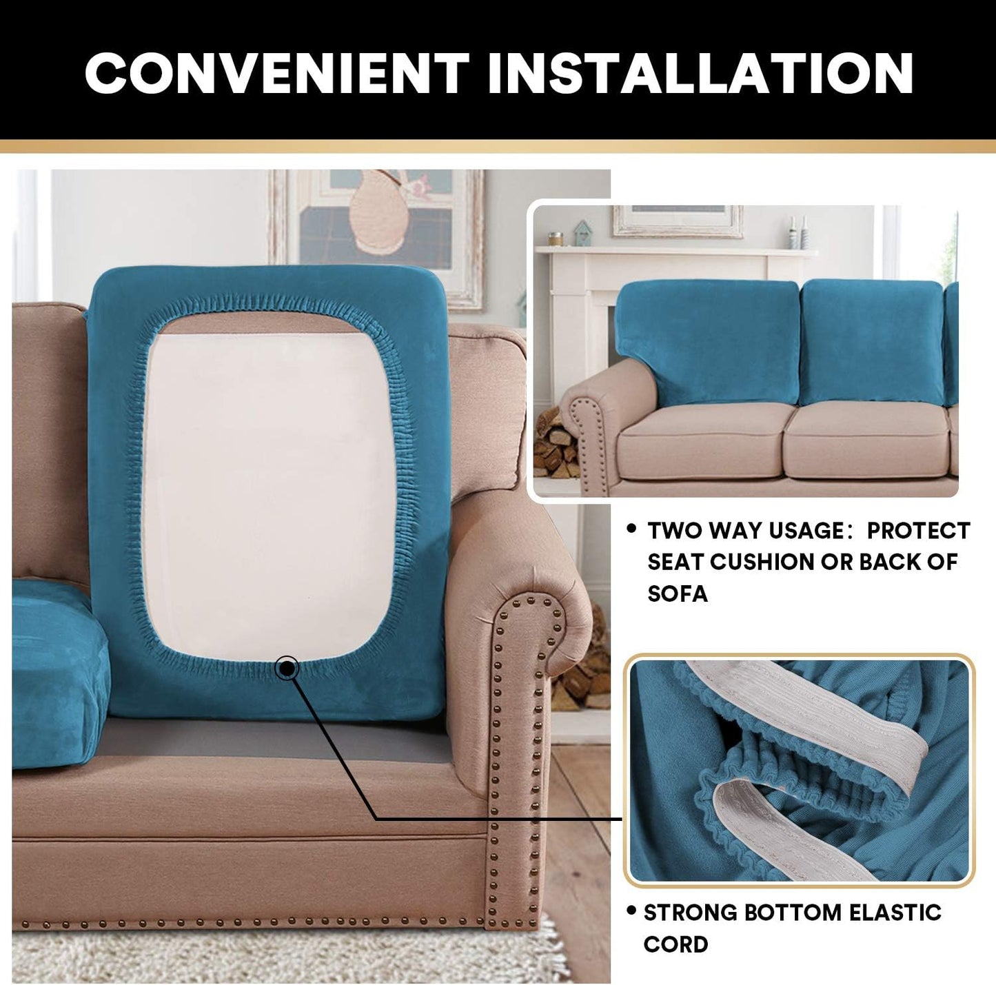 PrinceDeco Couch Cushion Covers, Stretch Washable Sofa Cushion Cover, Fitted Sofa Slipcover Velvet Fabric Non-Slip Furniture Protector for Dog,Pets, Kid (Each Width Up to 29.5", Blue)