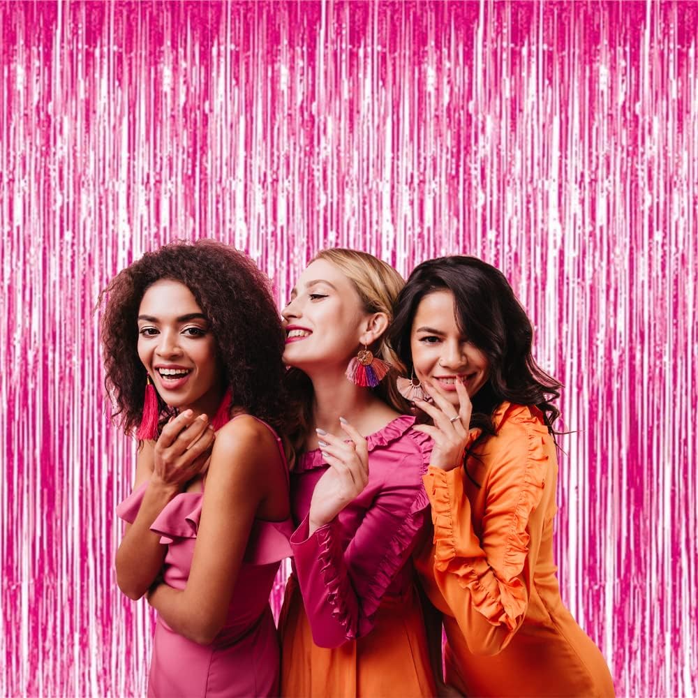GOER 3.2 ft x 8.2 ft Metallic Tinsel Foil Fringe Curtains Party Photo Backdrop Party Streamers for Galentines Day,Birthday,Graduation,New Year Eve Decorations Wedding Decor (5 Packs,Hot Pink)