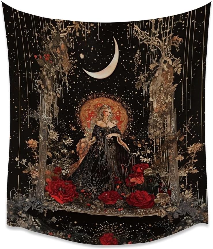 Dark Academia Moon Goddess Tapestry Gothic Fantasy Rose Wall Art Mystical Witchy Woman Print Victorian Artwork Aesthetic Tapestries Wall Hanging for Girls Room Bedroom Decor 40x60inch