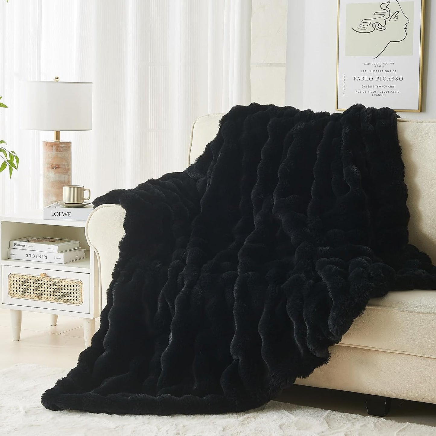 Lotus Karen Faux Fur Blanket Black - Big Bubble Rabbit Fluff King Throw for The Bed Large Fluffy Fuzzy Cozy Thick Furry Plush Shaggy Blankets 108x90 Inches