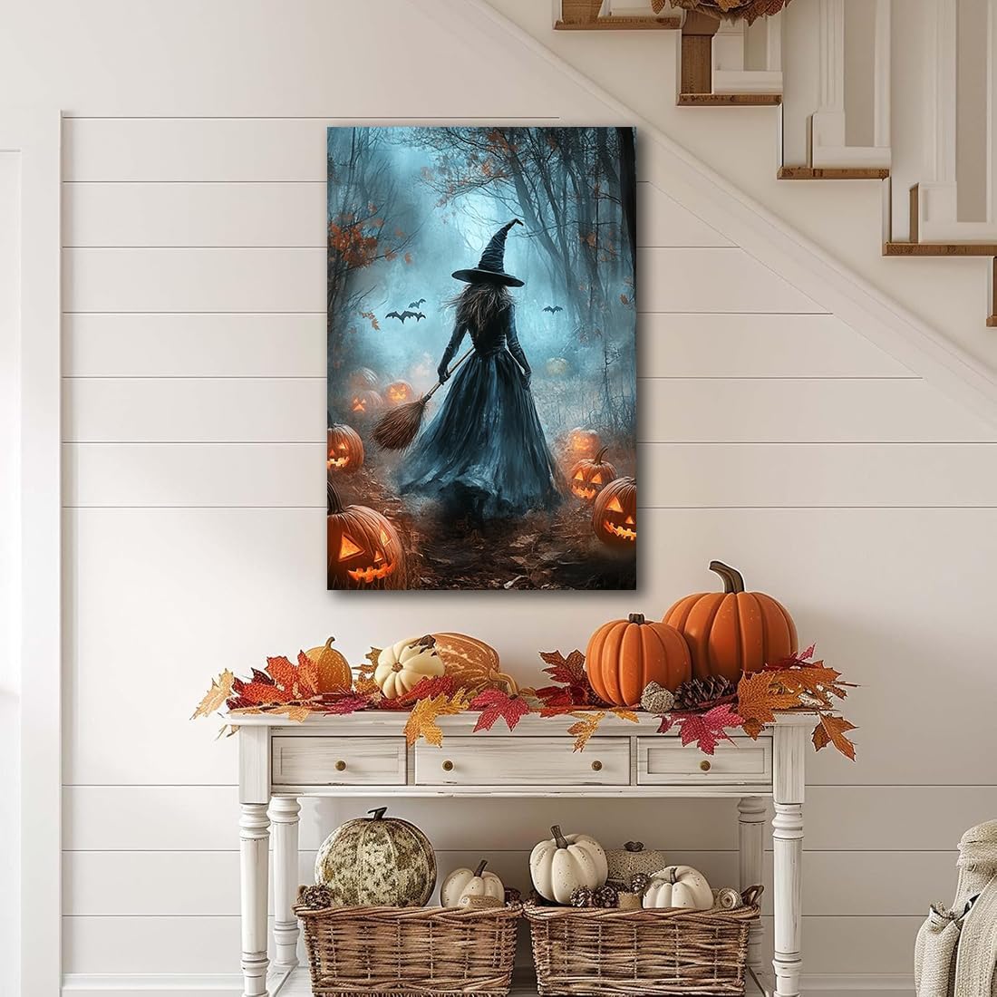 Vintage Moody Halloween Witch Artwork Wall Decor,Spooky Halloween Gothic Canvas Artwork Creepy Horror Witch with A Broom Pumpkin Bats Rustic Forest Picture,Dark Academia Poster,20"x30" Unframed