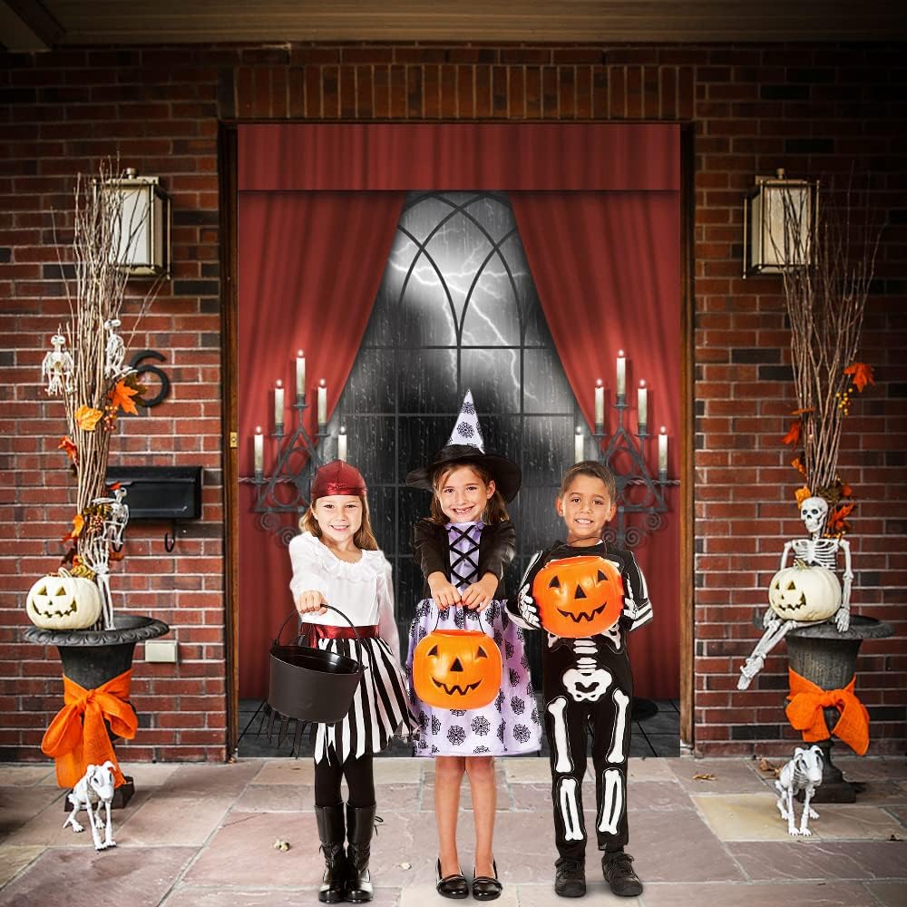 Renaiss 7x10ft Vintage Gothic Window Backdrop Red Curtain Candlestick Black Floor Lightning Stormy Sky Vampire Medieval Castle Photography Background Halloween Dress Up Party Decors Photo Booth Props