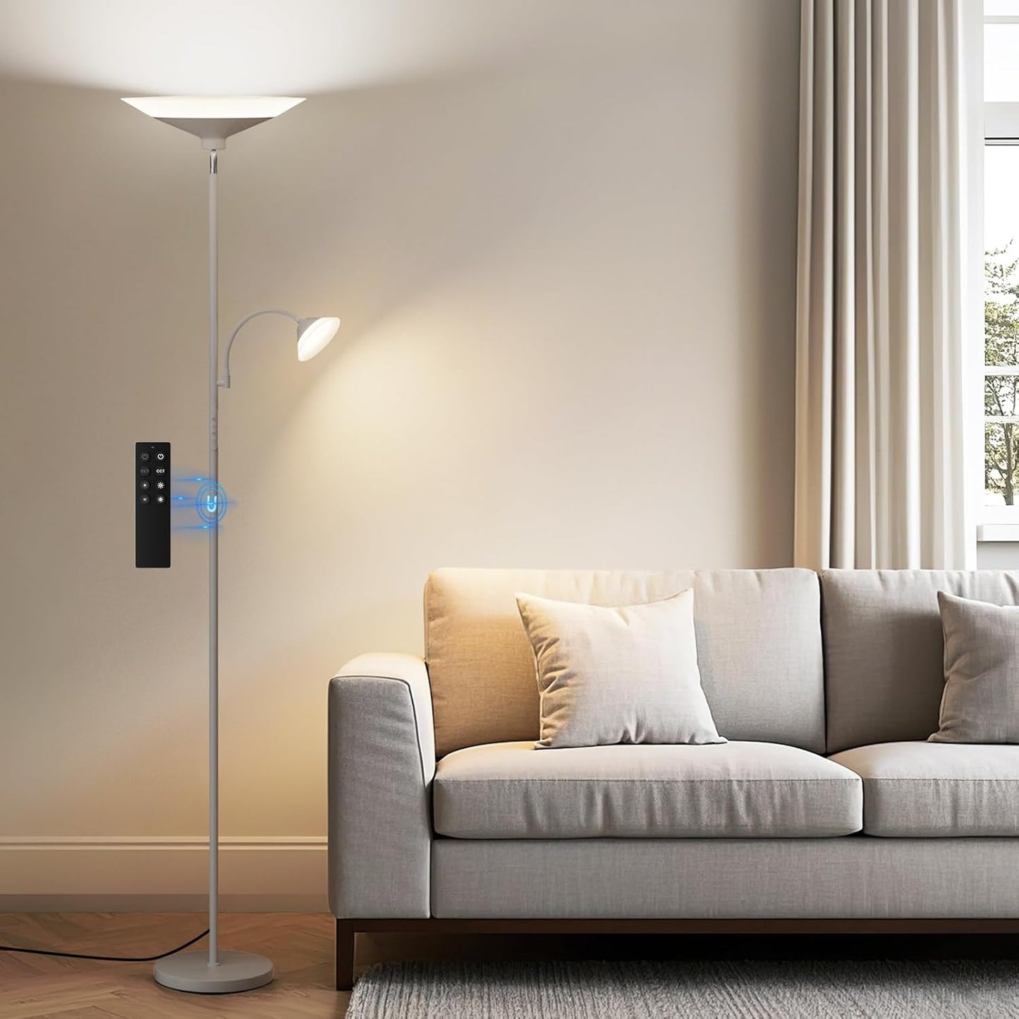 Sliver Gray Torchiere Floor Lamp with Reading Light, 4 Color Temperatures, Dimmable & Individual Light Control Standing Lamp, 34W Bright Tall Lamp with Remote for Living Room Bedroom Office