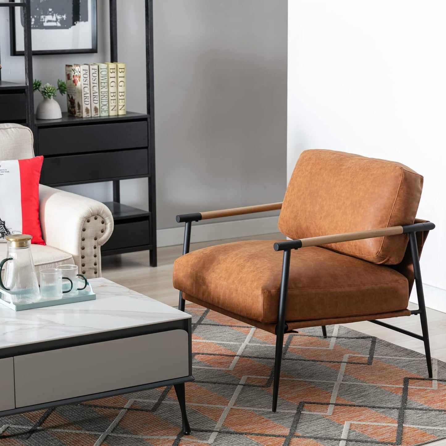 Mid-Century Accent Chair Set of 2, Soft Armchair PU Leather Lounge Chair with Black Metal Legs, Upholstered Leisure Chair for Living Room Bedroom Reception Room, Brown