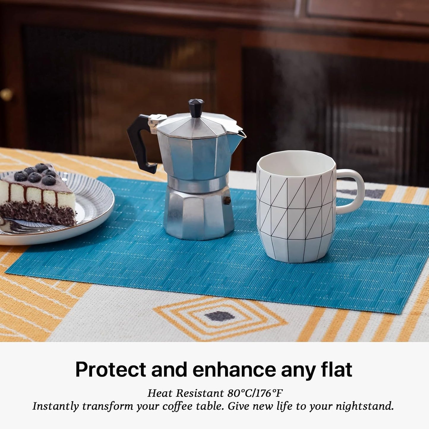 LEXMORE Placemats Set of 6 Vinyl/Plastic Woven Place Mats for Kitchen Table Indoor/Outdoor Washable Placemat Wipeable Dining Table Mats(Teal Blue)