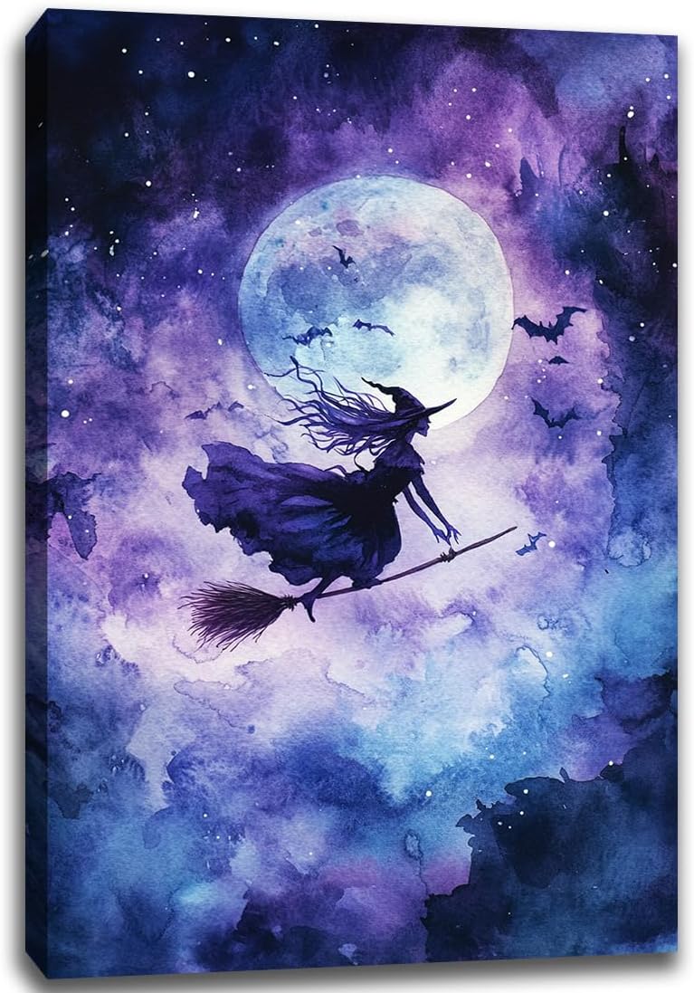 Witch On Broom Flying Wall Art,Gothic Halloween Canvas Wall Art,Victorian Witch Silhouette In Moonlight Broomstick Poster Pictures,Creepy Halloween Purple Night Sky Print,16"x24" Framed