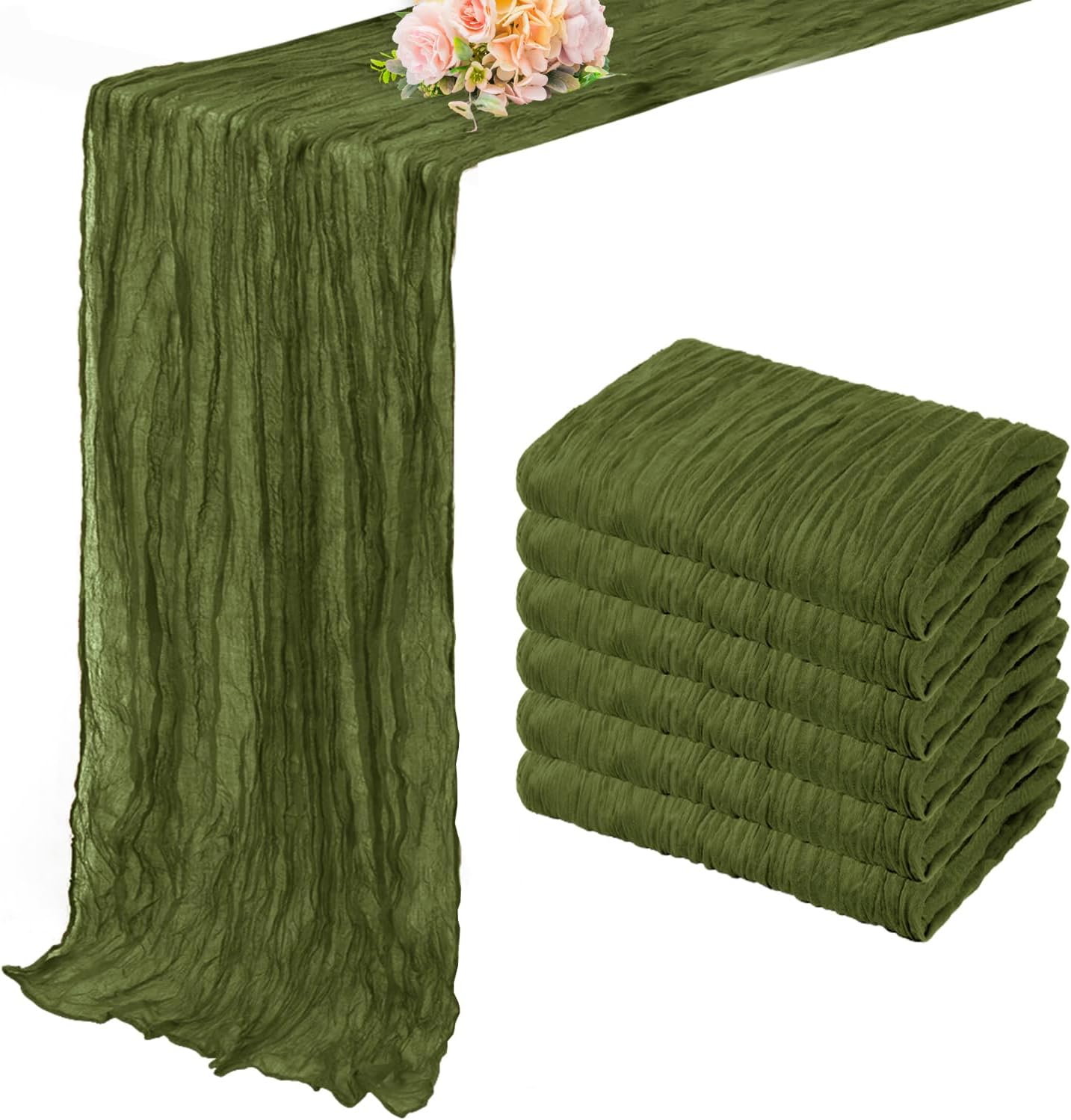 6 Pack Olive Green 10FT Cheesecloth Table Runner Rustic Gauze Cheese Cloth Table Runner for Wedding Bridal Baby Shower Table Decorations Boho Fabric Sheer Birthday Party Decor 20 x 120 Inch Long
