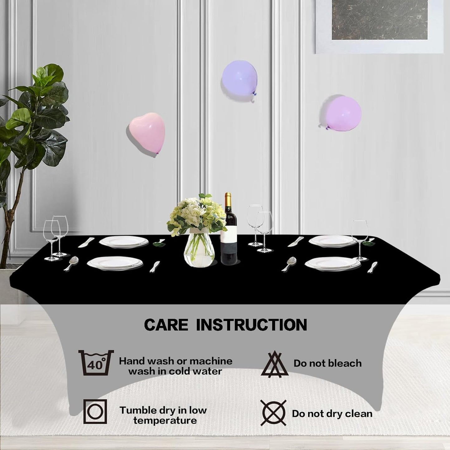 IVAPUPU 8FT Spring Table Cloth for Rectangular Fitted Events Stretch Black Table Covers Washable Cover Spandex Tablecloth Protector for Party, Wedding, Cocktail, Banquet, Festival