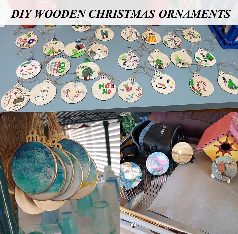 4" 100PCS Christmas Wooden Ornaments Unfinished, DIY Christmas Crafts for Kids Wood Slices DIY Crafts Supplies for Girls Adults, Christmas Ornaments Holiday Decoration