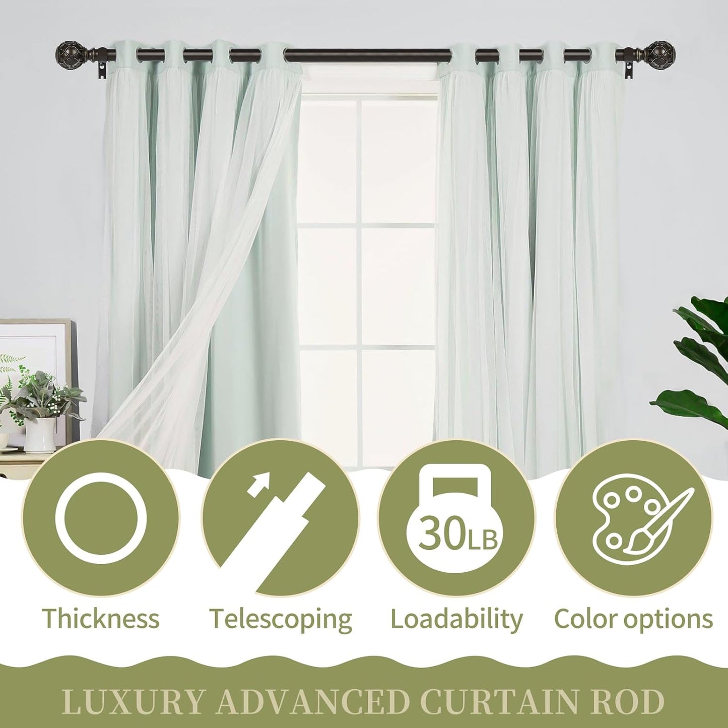 Bronze Farmhouse Curtain Rods for Windows:66-120 Inch Heavy Duty Adjustable Curtain Rod for Bedroom Living Room,Boho Decorative Rustic Drapery Rods with Vintage Coastal Finial,Antique Bronze