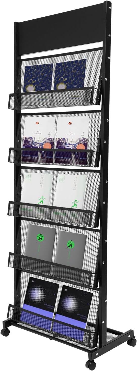 5-Tier Magazine Rack Floor Standing Brochure Display Stand with Universal Wheels & Brakes Metal Magazine Display Rack for Office, Shop