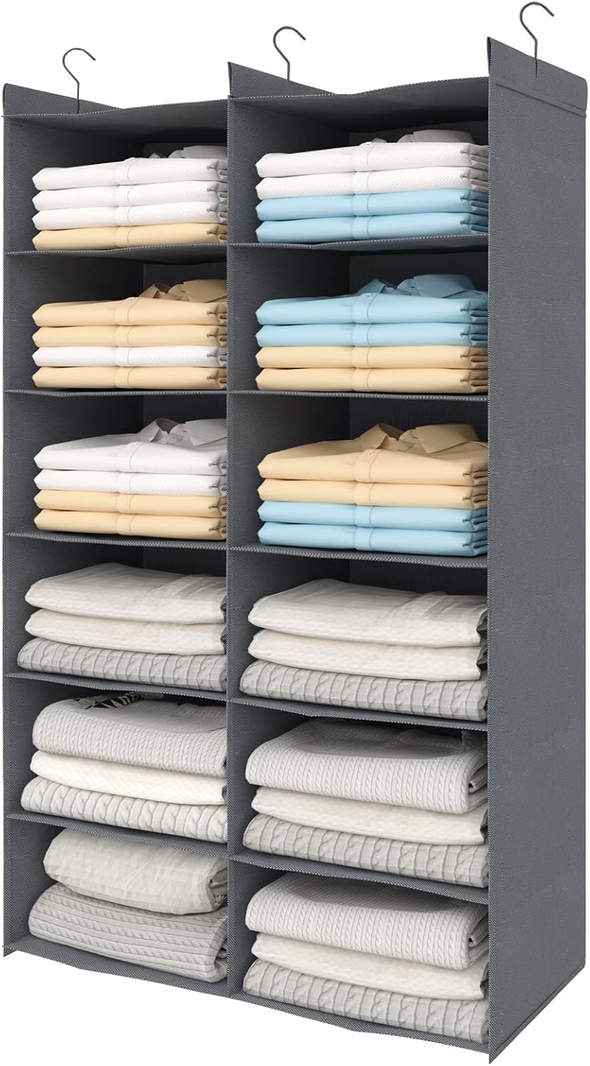 Dual-Row 6 Tier Shelf Hanging Closet Organizer and Storage, 12 Pockets Clothes Storage Shelves with 3 Sturdy Hooks for Clothing Organization, Dorm Room Essentials for Girls, Foldable, Grey