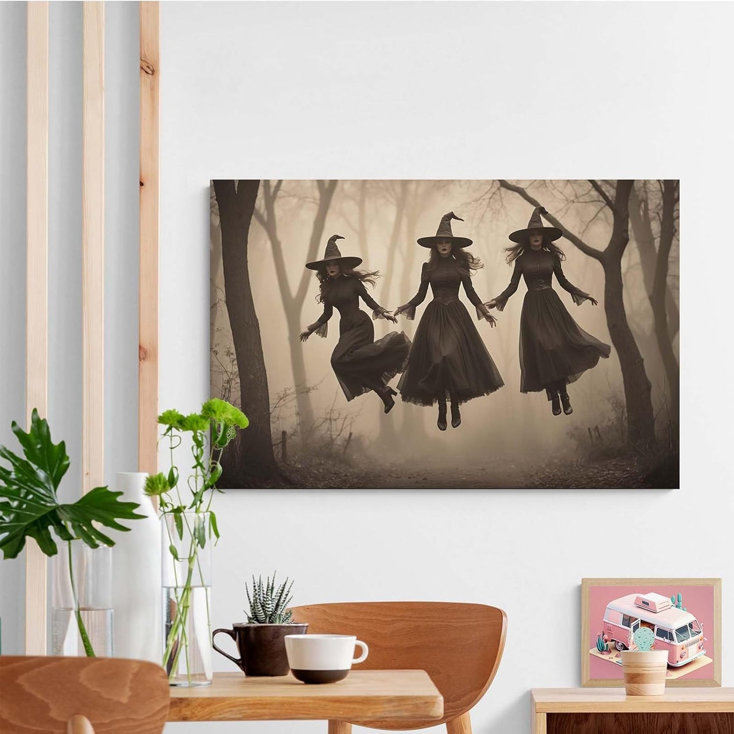 Three ghost witches flying in vintage forest gothic wall art witchcraft decoration holiday gift canvas wall art print8x12in Wood Framed