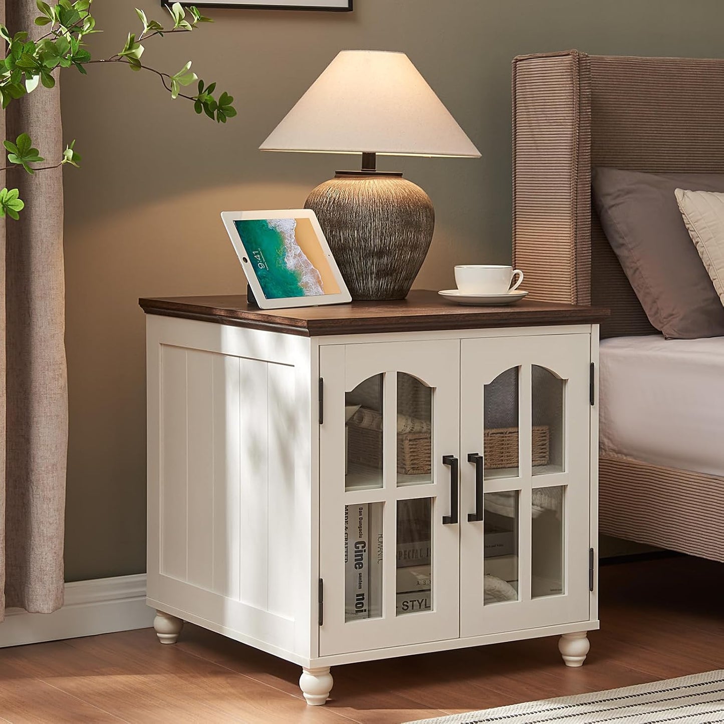 Farmhouse End Table with Charging Station,24" Large Sofa Side Table with Glass Barn Door,Rustic Wood Night Stand with Adjustable Storage Shelf,Square Bedside Table for Living Room,Bedroom Office