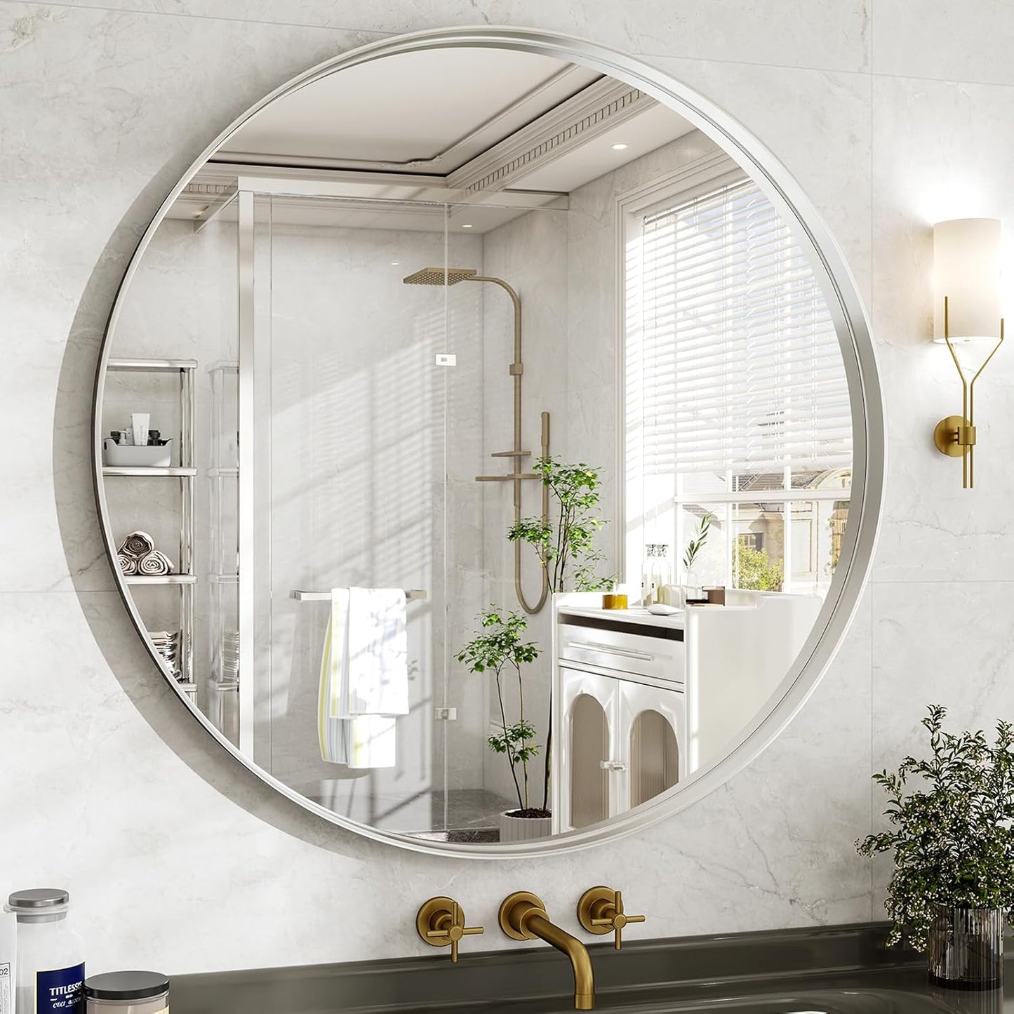 48 Inch Round Bathroom Mirror - Wall Mounted Circle Mirror with Metal Frame, Modern Mirror Suitable for Bathroom, Vanity, Entryway, Living Room, Wall Decor,Silver
