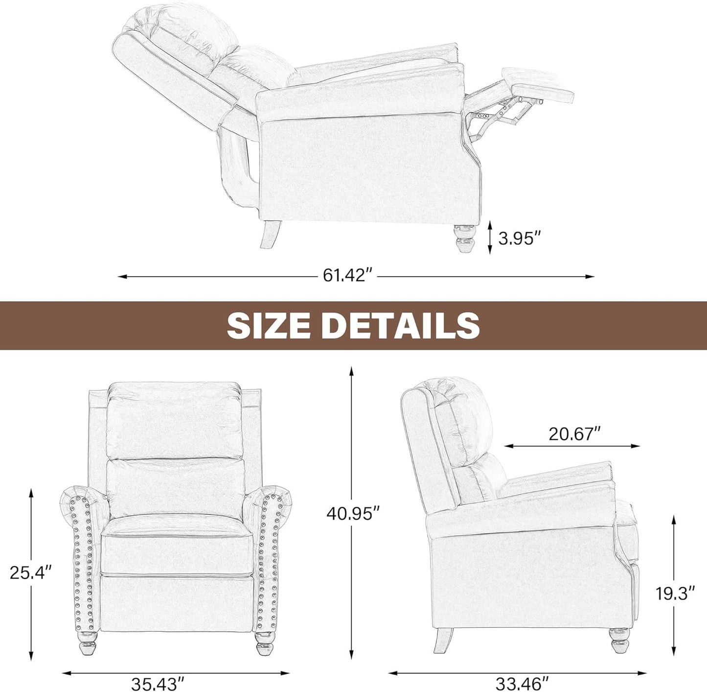 UIXE Pushback Recliner Chair, Faux Leather Armchair Push Back Accent Chair, Rivet Trim Club Chair Home Theater Overstuffed Single Sofa Reading Seat for Living Room, Gray