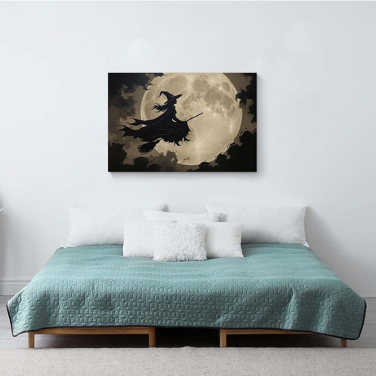 Full moon witch silhouette poster witch on magic broom Halloween mural poster decorative mural art suitable for home living room bedroom24x36in Wood Framed