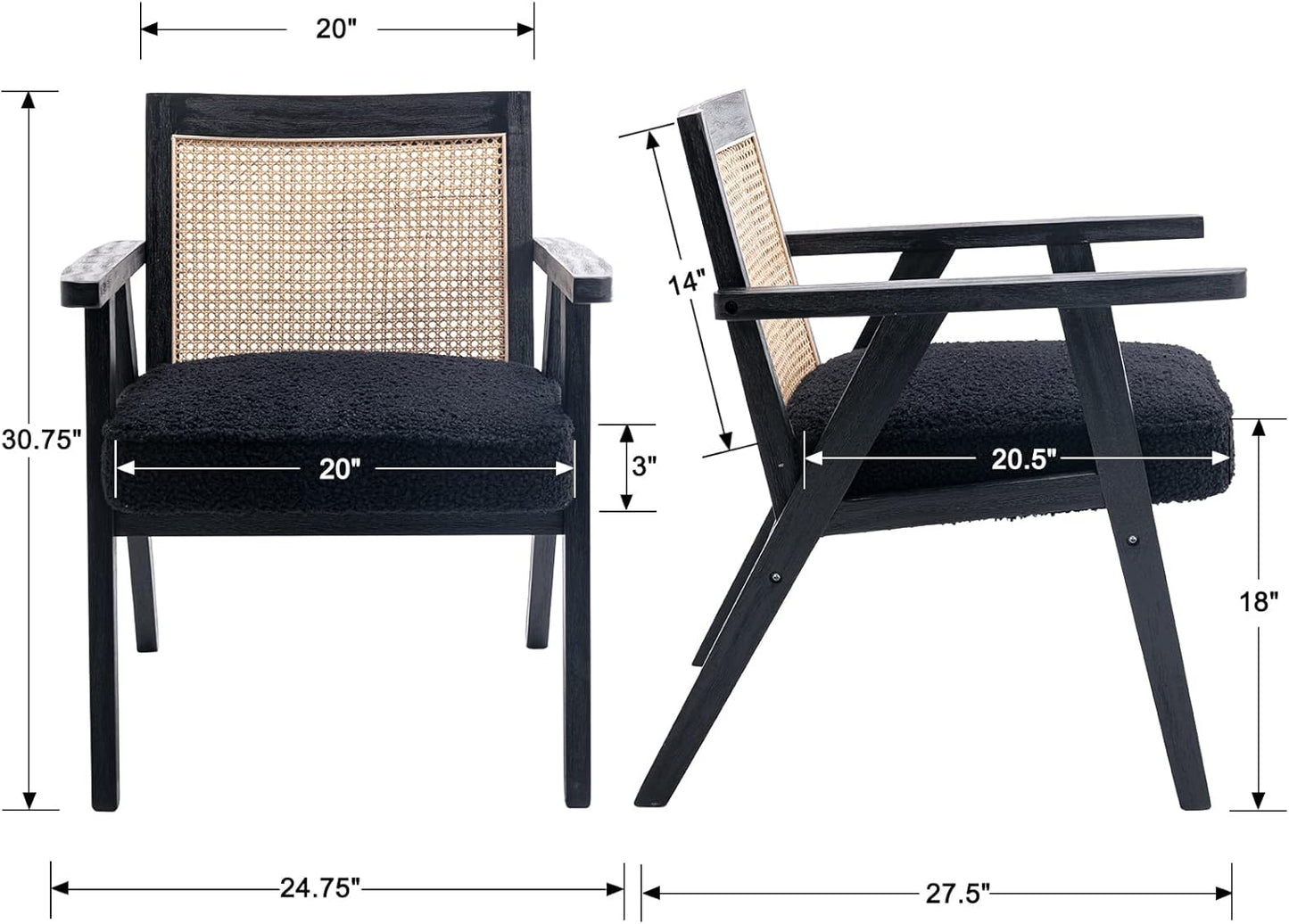 Accent Rattan Chairs Set of 2, Faux Fur Upholstered Living Room Chairs with Cane Back, Retro Mid Century Modern Cane Chair Armchair for Reception Reading Indoor Outdoor, Black
