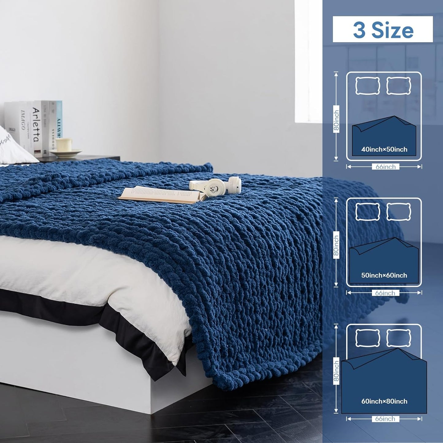 Chunky Knit Blanket - Luxury Soft Cozy 40 * 50 Throw Blanket,100% Woven Blanket Rope Knot Throw Blanket for Couch, Sofa, Home Decor, Gift - Machine Washable（Deep Blue）