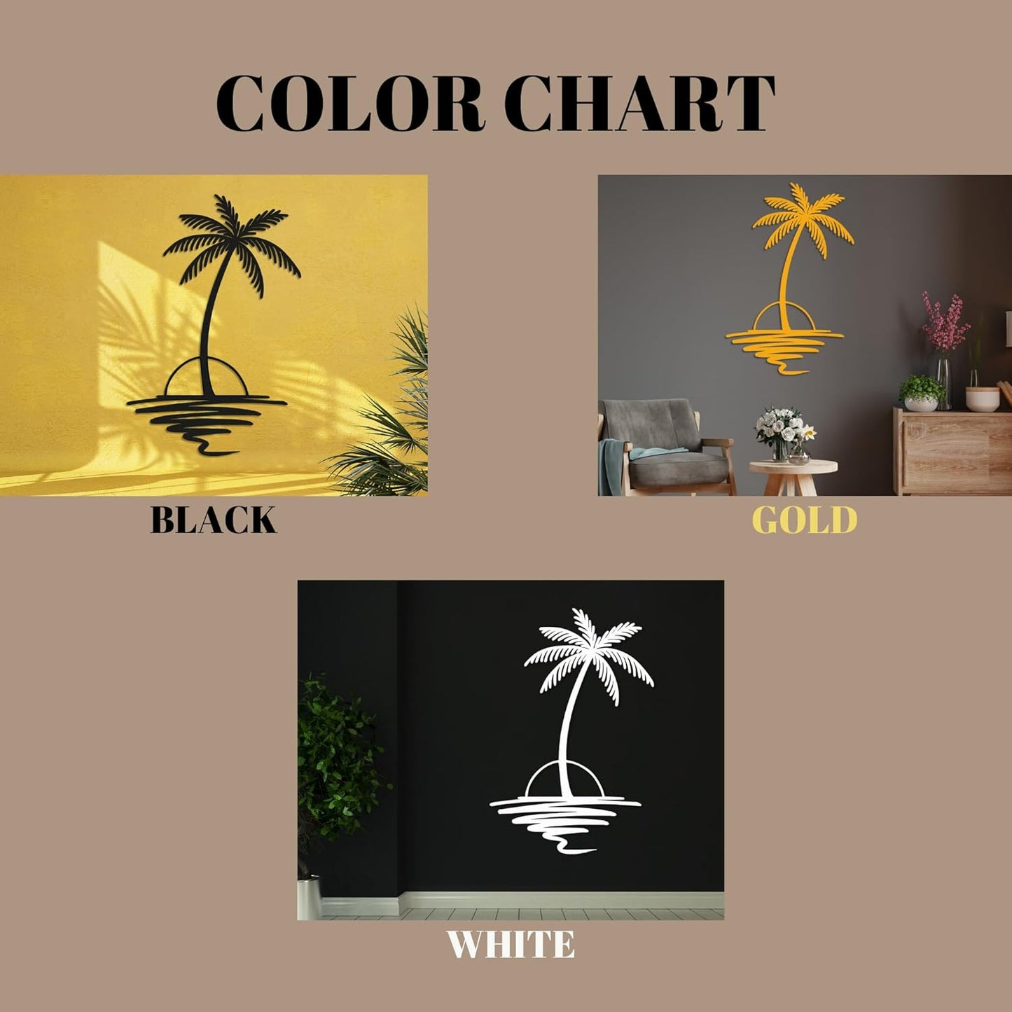 Metal Palm Tree with Sunset Wall Art, Large Outdoor Wall Decor, Tropical Beach Coastal Decor for Living Room, Bedroom, Garden Home Wall Sign, Perfect Metal Wall Art for Beach House, Coastal Theme, and Home Decoration (Gold, 24 x 19 inches)