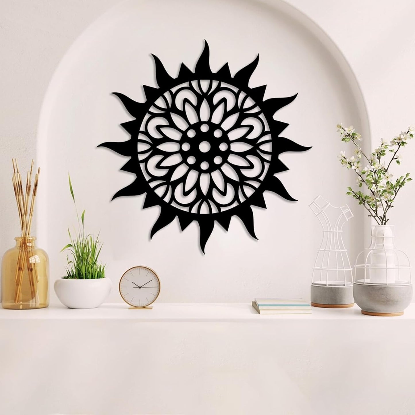 Sunburst Metal Wall Decor, Unique Sun Flower Design, Outdoor & Indoor Wall Art for Living Room, Bedroom, or Patio, Home Decor (Silver, 19"x19"|47x47cm)