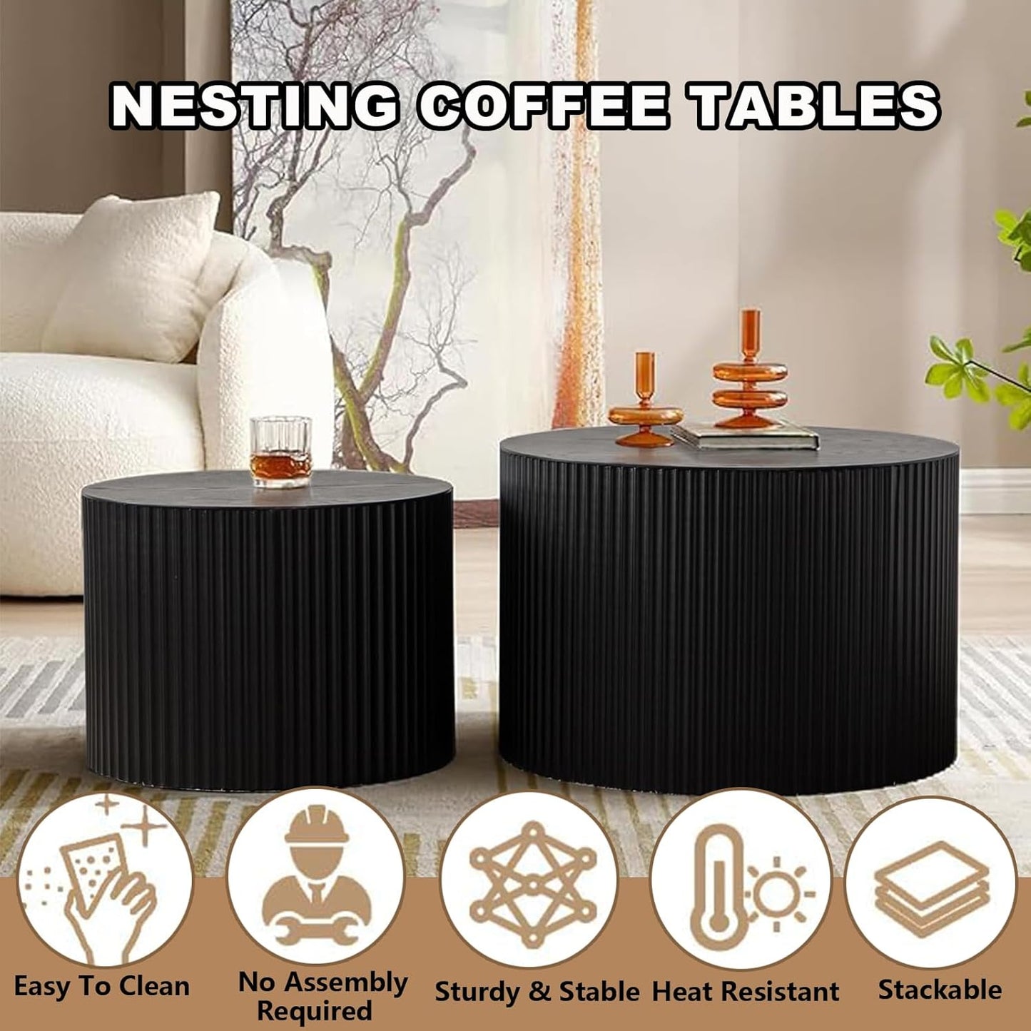 Nesting Coffee Table Set of 2 Modern Black Handcraft Fluted Coffee and End Table Sets Wooden Drum Small Round Side Table Funky Center Tables for Living Room,No Assembly,Black Large