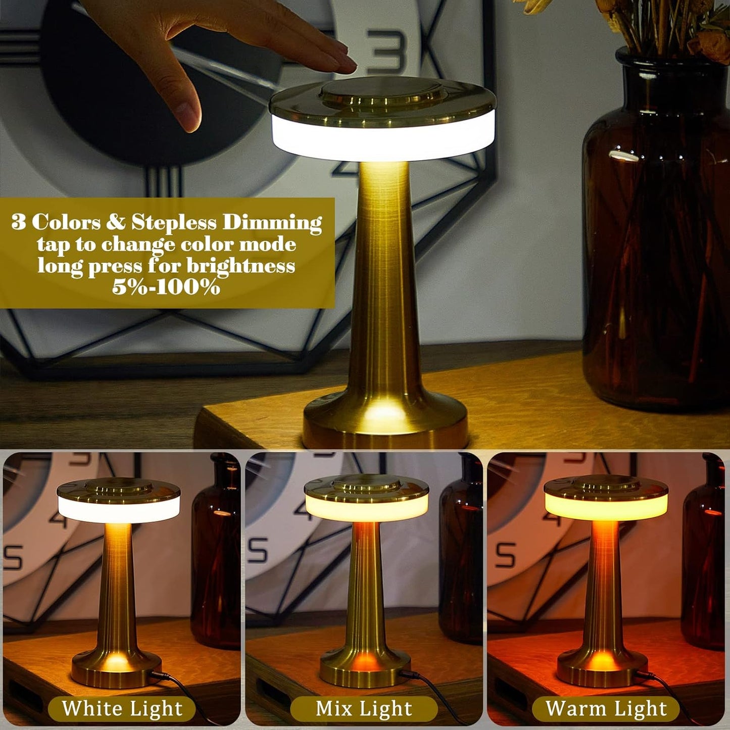 VIHOSE Set of 8 LED Portable Cordless Table Lamp with Touch Sensor 3 Color Stepless Dimming Rechargeable Battery up to 15 Hours Cordless Table Light Wireless Lamp for Nursery(Gold)