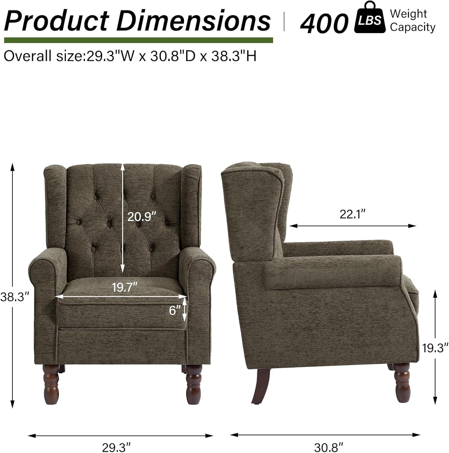Accent Chair, Upholstered Armchair with Button Tufted High Back & Solid Wood Legs, Comfy Wingback Reading Single Sofa Chair for Small Spaces, Living Room, Bedroom (Taupe, Set of 1)