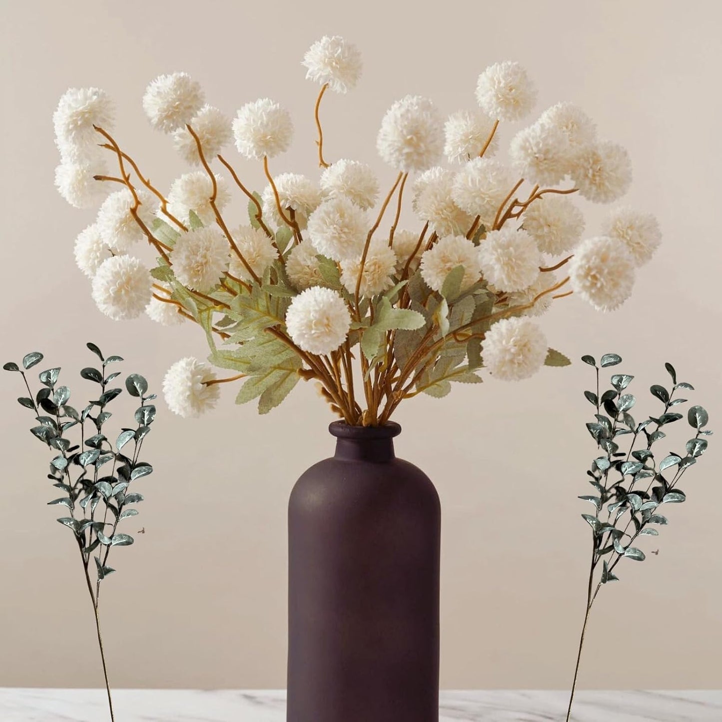 White Faux Flowers for Vase - Kiku 10 Stems & Eucalyptus, Fake Flowers Stems for Pottery Vase, Realistic Artificial Flowers, Pom Pom Balls for Aesthetic Room Decor, Floral Arrangements Centerpiece
