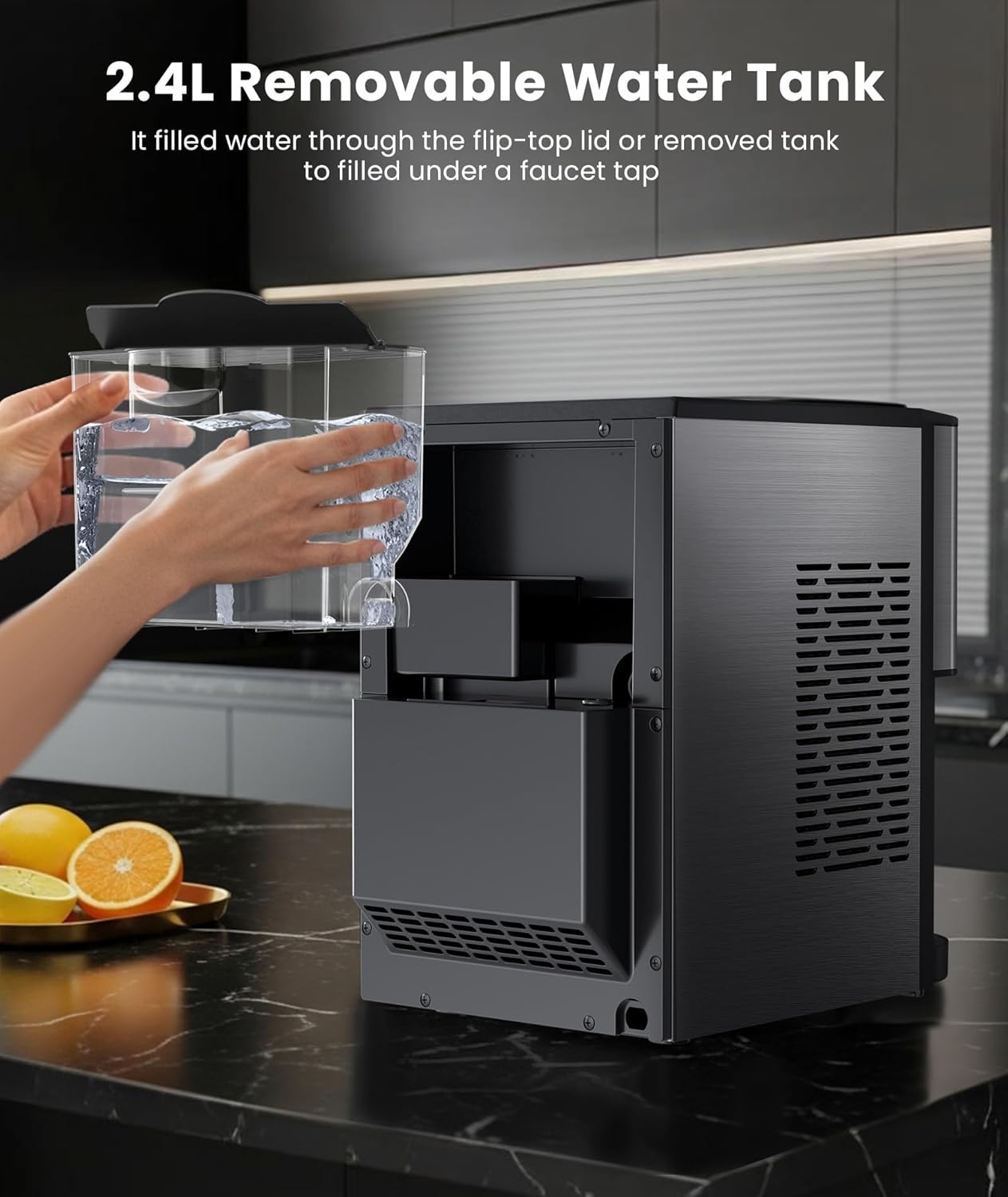 Nugget Ice Makers Countertop, Pellet Ice Maker Machine Dispenser with Water Reservoir with 44lbs/24H, Self-Cleaning, Soft Chewable Ice Maker Machine for Home/Kitchen/Office, Silver Stainless