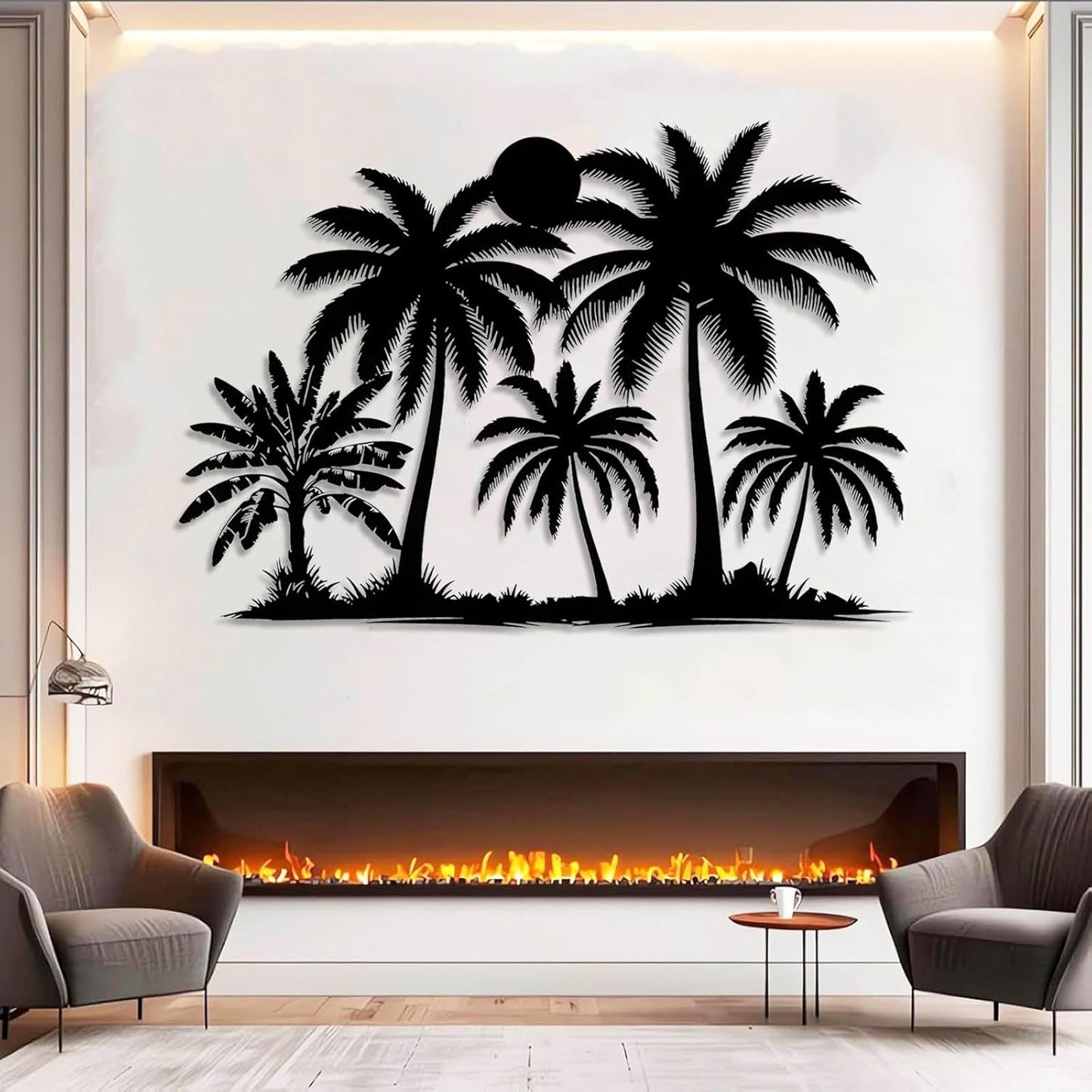 Tuglona Metal Palm Tree with Sunset Wall Decor, Tropical Palm Tree Metal Wall Art, Tropical Wall Decor, Sun Wall Art, Beach Wall Decoration, Coastal Trees Wall Hanging (Silver, 53"x37"/135x93cm)