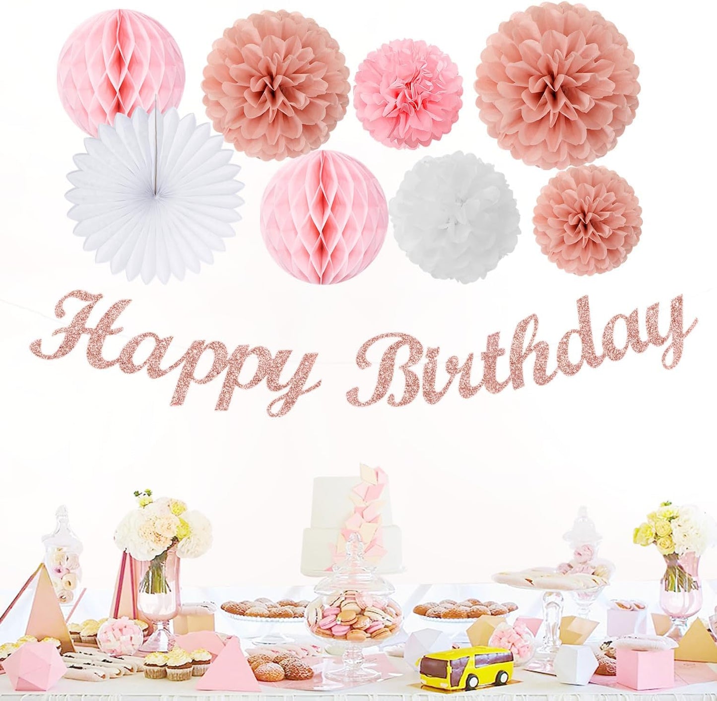 Light-Pink Rose-Gold Birthday Garland Party-Decorations - 14pcs Happy Banner Women Paper Flowers Lanterns Tissue Pom Poms,Streamers Fans Honeycomb Girls Adult Women Kids Hanging Supplies Decor Hugfond