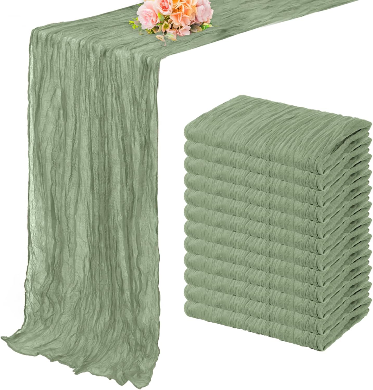 12 Pack Sage Green Cheesecloth Table Runner 10FT Rustic Gauze Fabric Cheese Cloth Table Runner for Wedding Bridal Baby Shower Table Decor 20 x 120 Inch Long Boho Sheer Birthday Party Table Decorations
