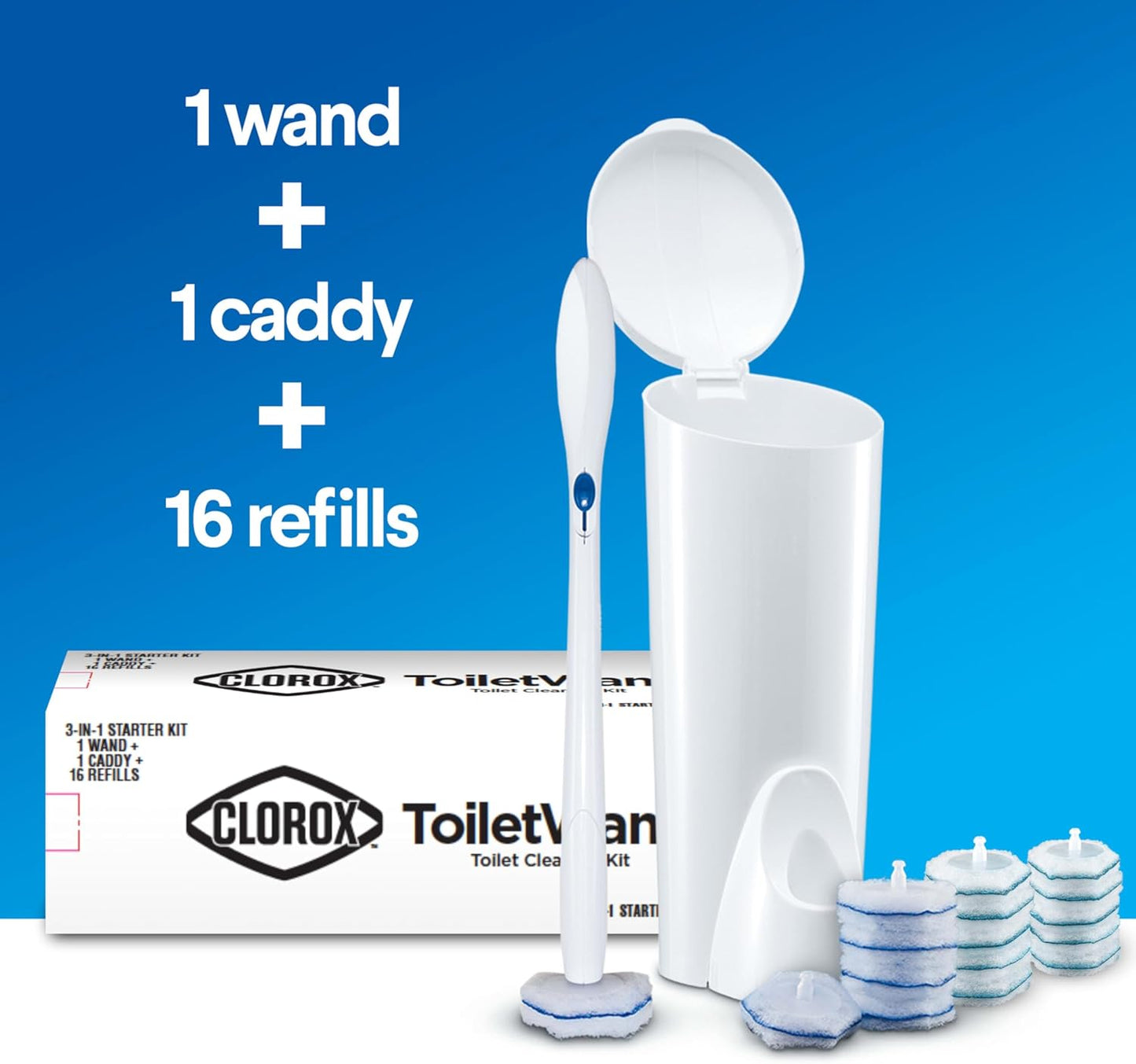 Clorox Original Toilet Cleaning System - ToiletWand, Storage Caddy and 16 Heads, Dorm Room Essentials, (Package May Vary)