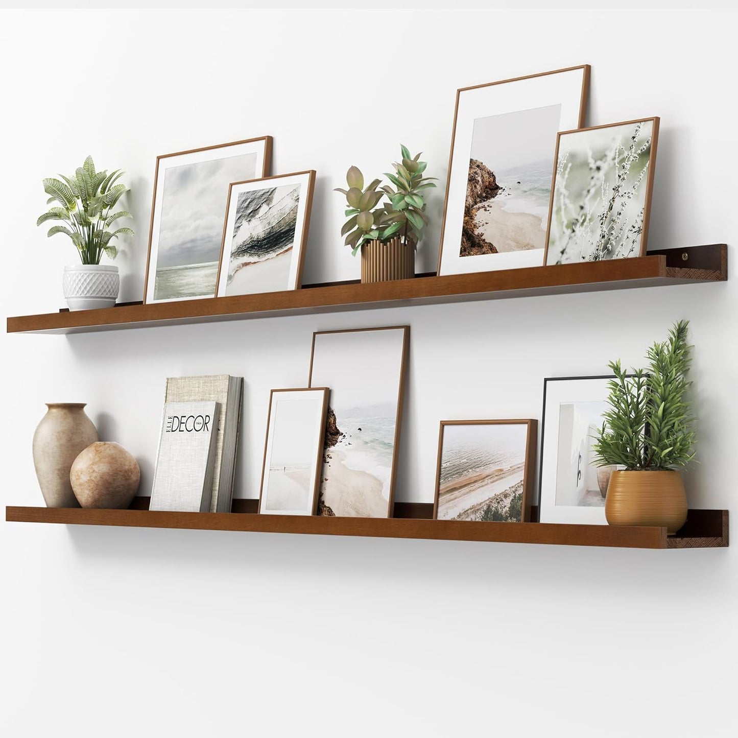 Picture Ledge Shelf, Floating Shelves Set of 2, Solid Pine Wood 72'' Long Large Nursery Book Shelves for Toys Storage, Kids Bookshelf for Living Room Bedroom Decor Books Photo Frames, Walnut