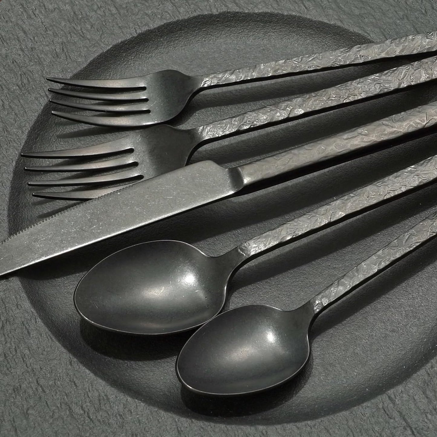 KINGSTONE 60 Pcs Black Hammered Silverware Set for 12, 18/10 Stainless Steel Heavy Duty Flatware Set, Tableware Cutlery Utensil Sets for Home Restaurant Dishwasher Safe