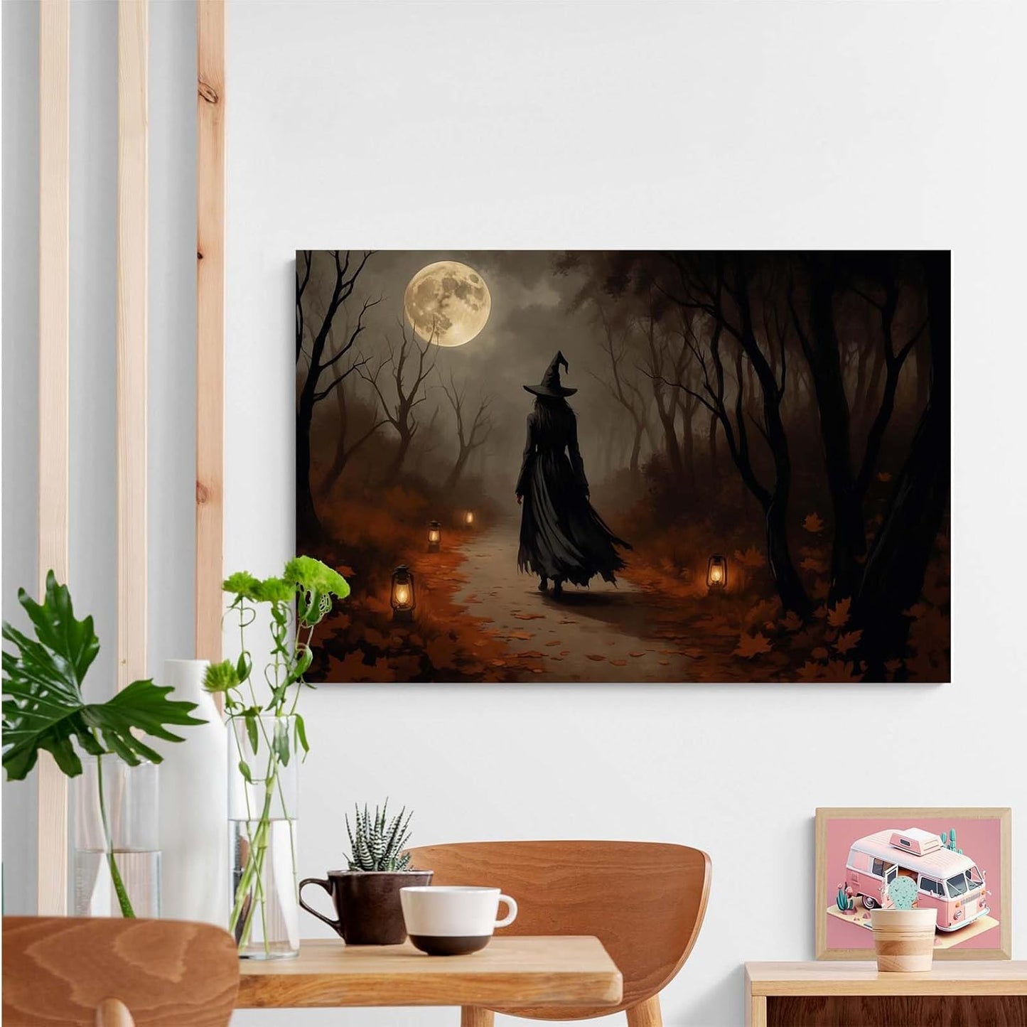 Moonlight witch poster dim lantern Halloween decoration Gothic style dark retro college style canvas wall art suitable for living room bedroom12x16in Wood Framed