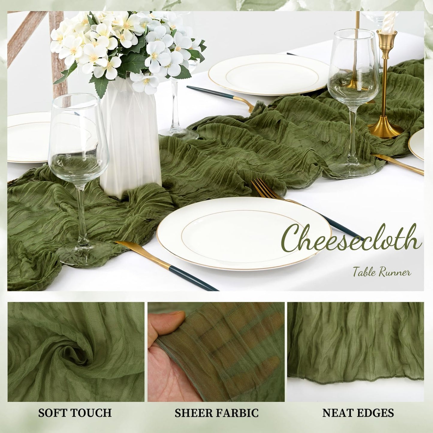20 Pack Olive Green 10FT Cheesecloth Table Runner Rustic Gauze Cheese Cloth Table Runner for Wedding Bridal Baby Shower Table Decorations Boho Fabric Sheer Birthday Party Decor 20 x 120 Inch Long