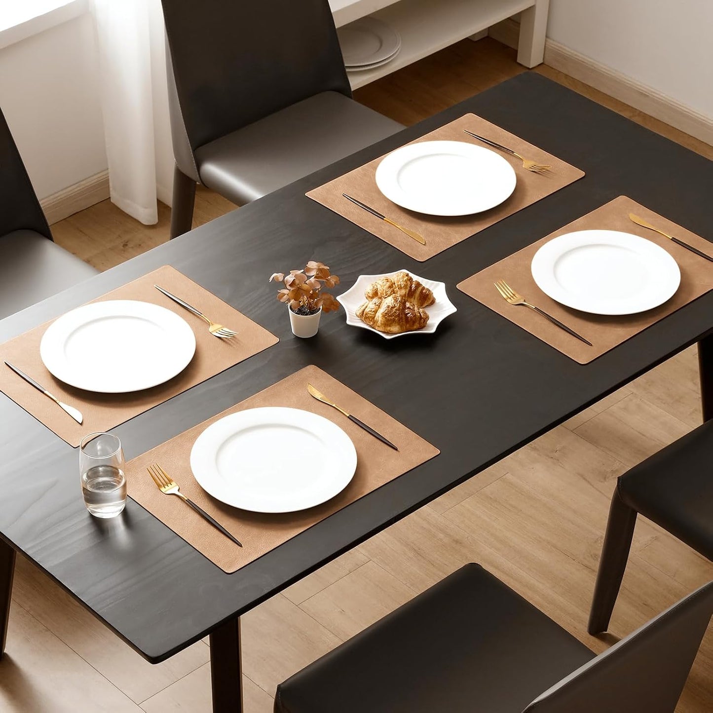 MOSAYT Vinyl Placemats Set of 6-12 X 17 Inch - Faux Leather 100% Waterproof Oil-Proof Wipeable PU Place Mats, Heat Resistant Reversible Table Mats for Kitchen, Dining, Outdoor (Camel)