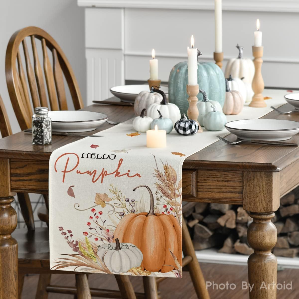 Artoid Mode Hello Pumpkin Flowers Leaves Thanksgiving Table Runner, Seasonal Fall Harvest Vintage Kitchen Dining Table Decoration for Indoor Outdoor Home Party Decor 13 x 48 Inch
