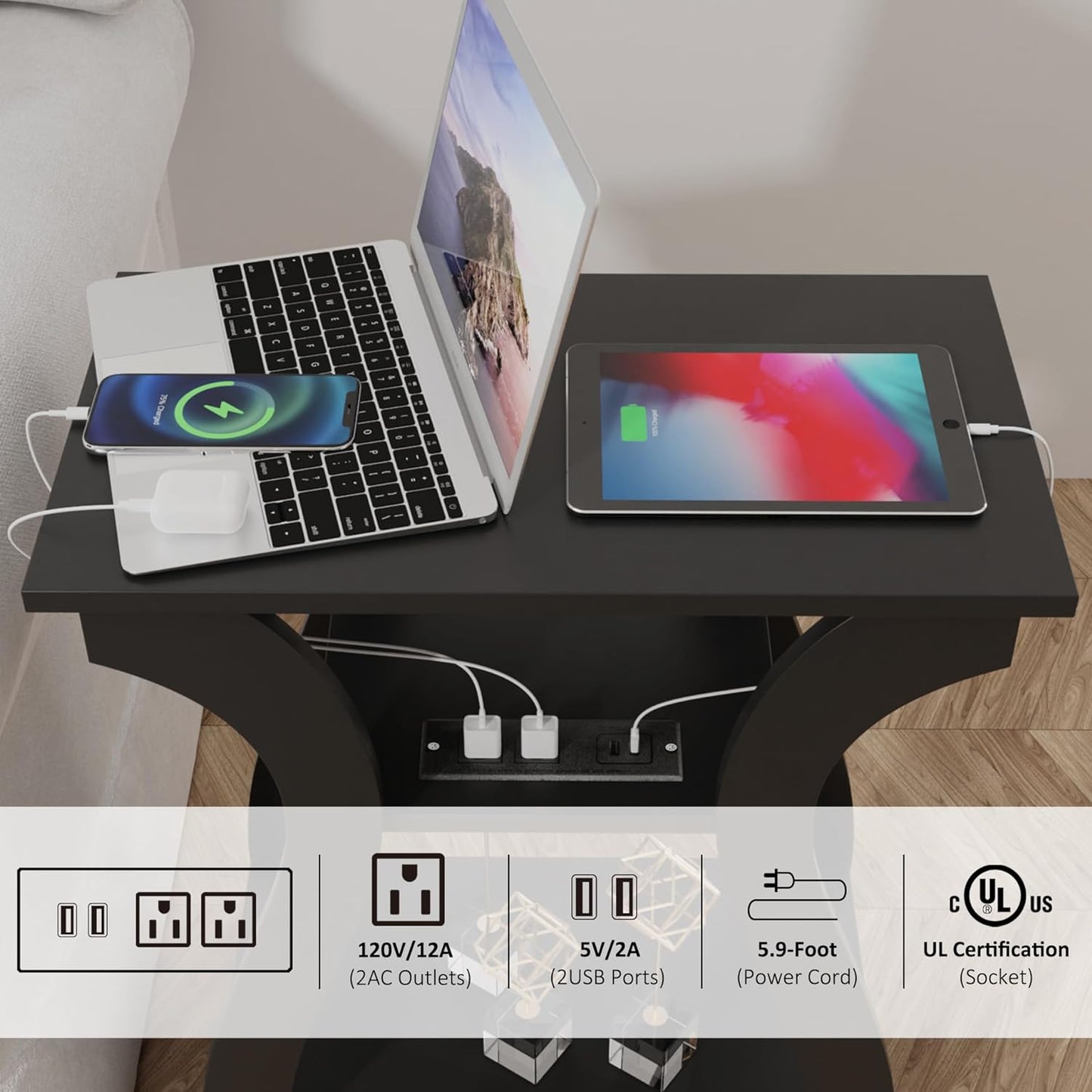 End Table with Charging Station, Side Table with USB Ports and Outlets, Nightstand, 3 Tier End Table with Storage Shelf for Living Room, Bedroom (Black)
