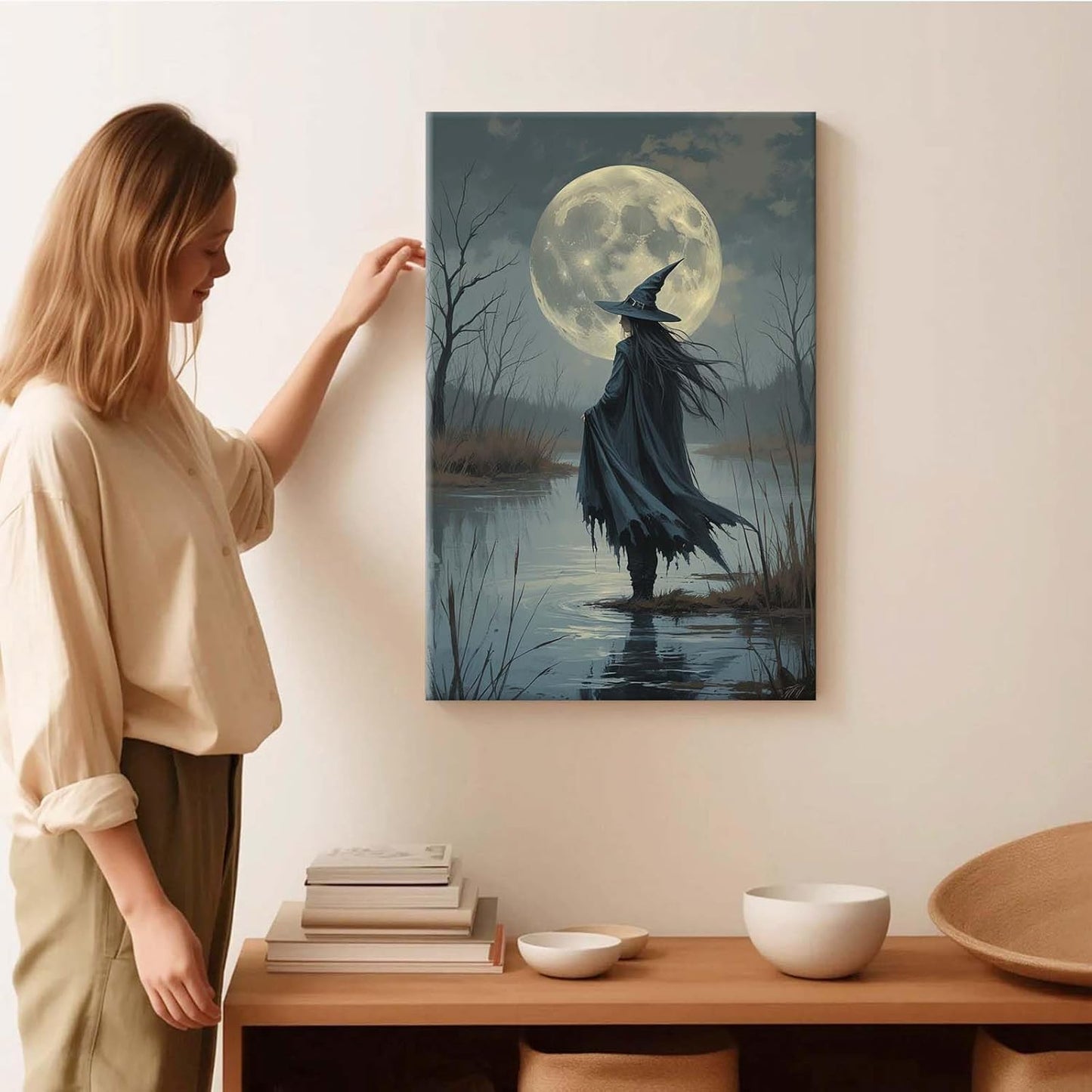 Witch in the moonlight magic canvas wall art enchanting Halloween home decor swamp witch silhouette oil painting mysterious gothic aesthetic wall decor print poster20x30in Wood Framed