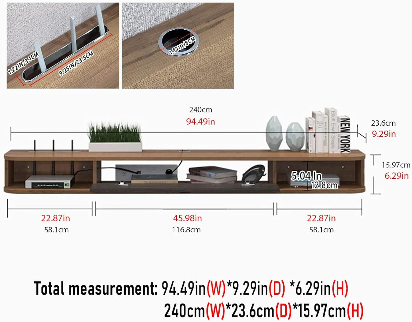 Pmnianhua Floating TV Shelf, 94'' Wall Mounted TV Stand Floating TV Console Media Entertainment Under TV Shelf for Bedroom Living Room (Walnut)