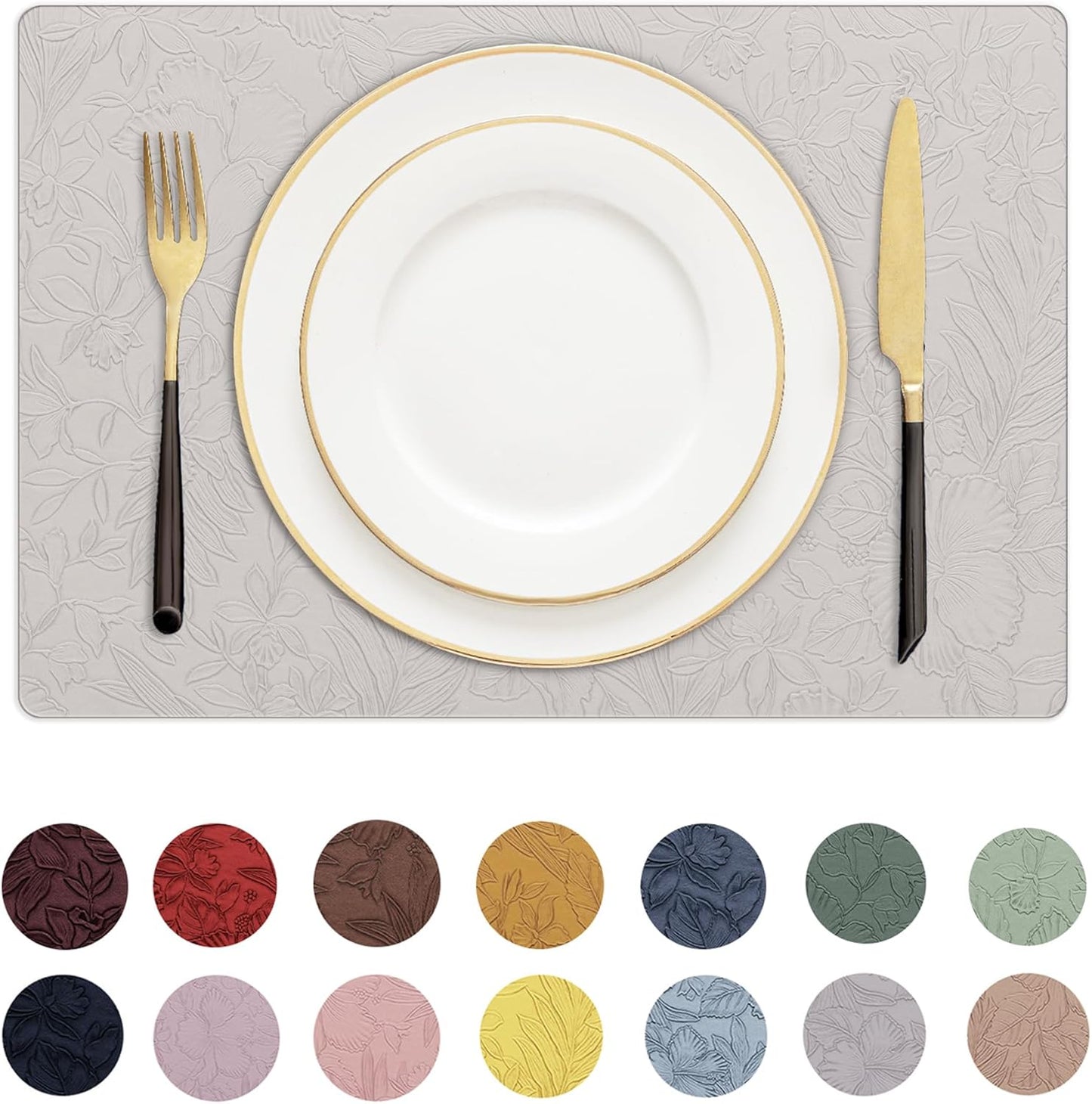 Romanstile Vinyl Placemats Set of 4-12 X 18 Inch - Heat Resistant Non-Slip Embossed Floral Place Mats 100% Waterproof Oilproof Wipeable Faux Leather Table Mats for Kitchen/Dining/Party, LightGrey