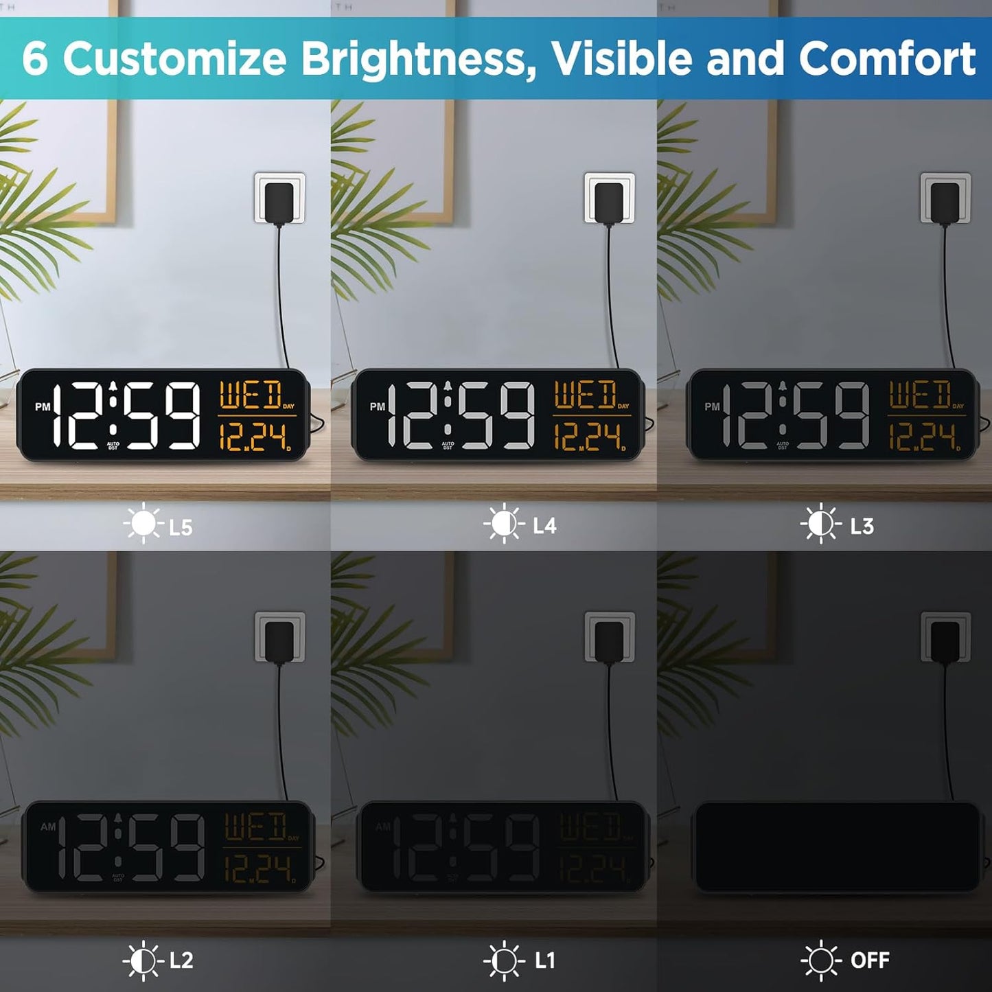 Peakeep Digital Alarm Clock Large Display for Bedrooms with Calendar, Auto DST, Desk Clock Electric Plug in for Living Room, Battery Backup, USB Port, 5 Dimmers