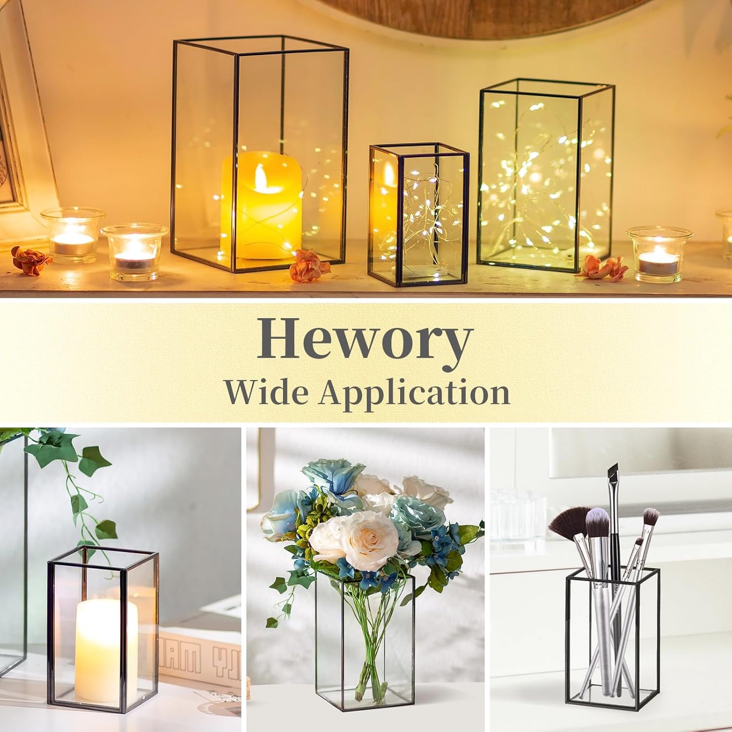 Glass Hurricane Candle Holder Large - Hewory 6pcs Black Rectangle Flower Holders Centerpiece for Table, Tall Floor Square Pillar Candle Lantern for Wedding, Anniversary, Party, Fireplace, Dining Room