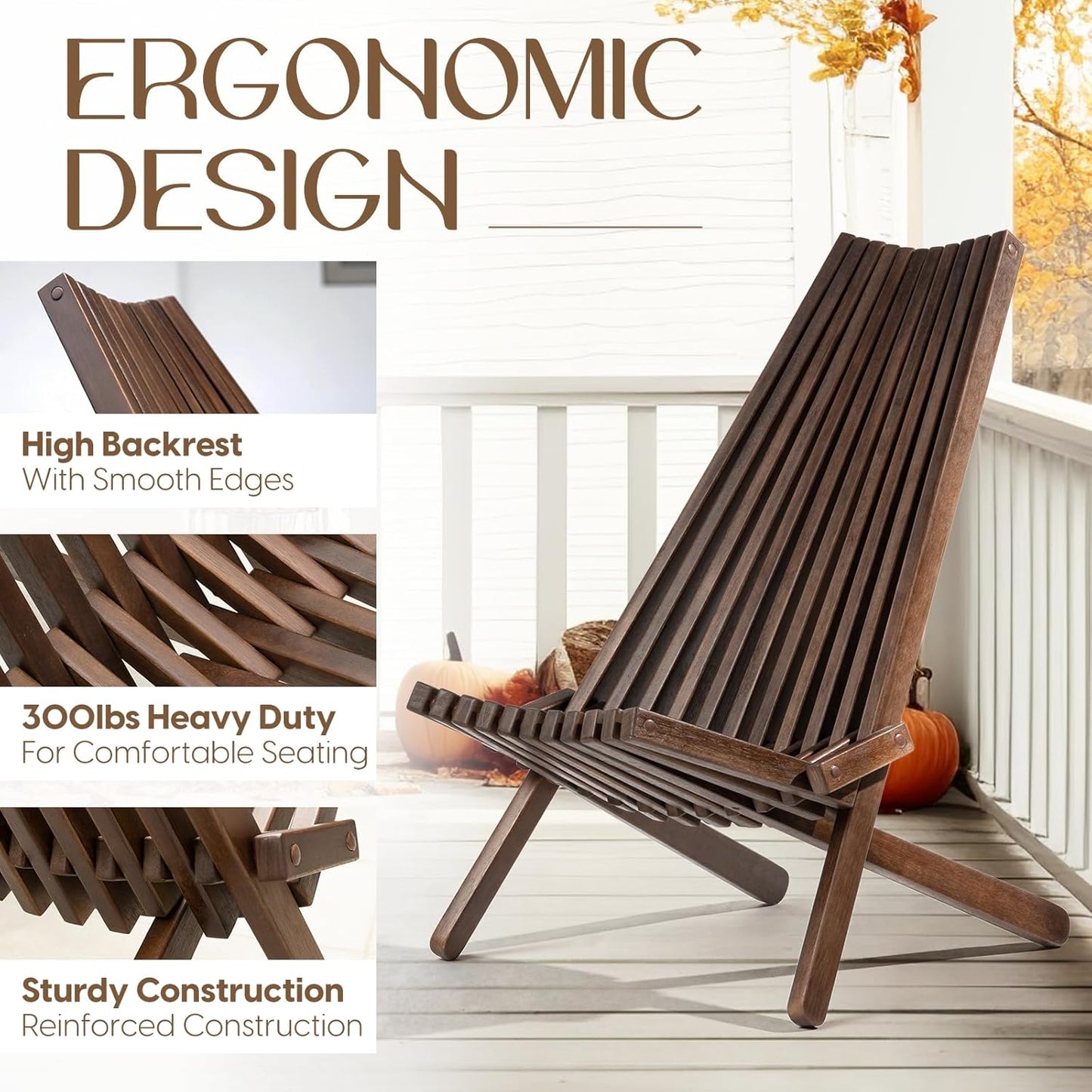 IDZO Elina FSC Eucalyptus Tamarack Chairs, 300Lbs Capacity Modern Adirondack Style, Wooden Folding Seats, for Fire Pit Outdoor & Indoor - Cinnamon, Set of 2
