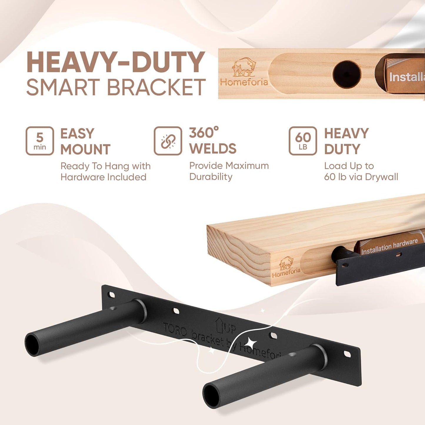 Homeforia 16 inch Natural Floating Shelf, High End Solid Real Wood 16inch Small Floating Shelves for Wall Mounted, Natural Wooden Floating Shelves, Heavy Duty Bracket, 16 X 6.5 X 1.75 in, Set of 3