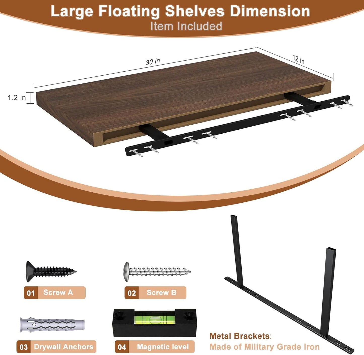 12 Inch Deep Floating Shelves for Wall 1 Pack Floating Shelves Large Storage Space Wall Mount Shelf for Living Room Kitchen Bathroom 30" W x 12" D x 1.2" H Walnut