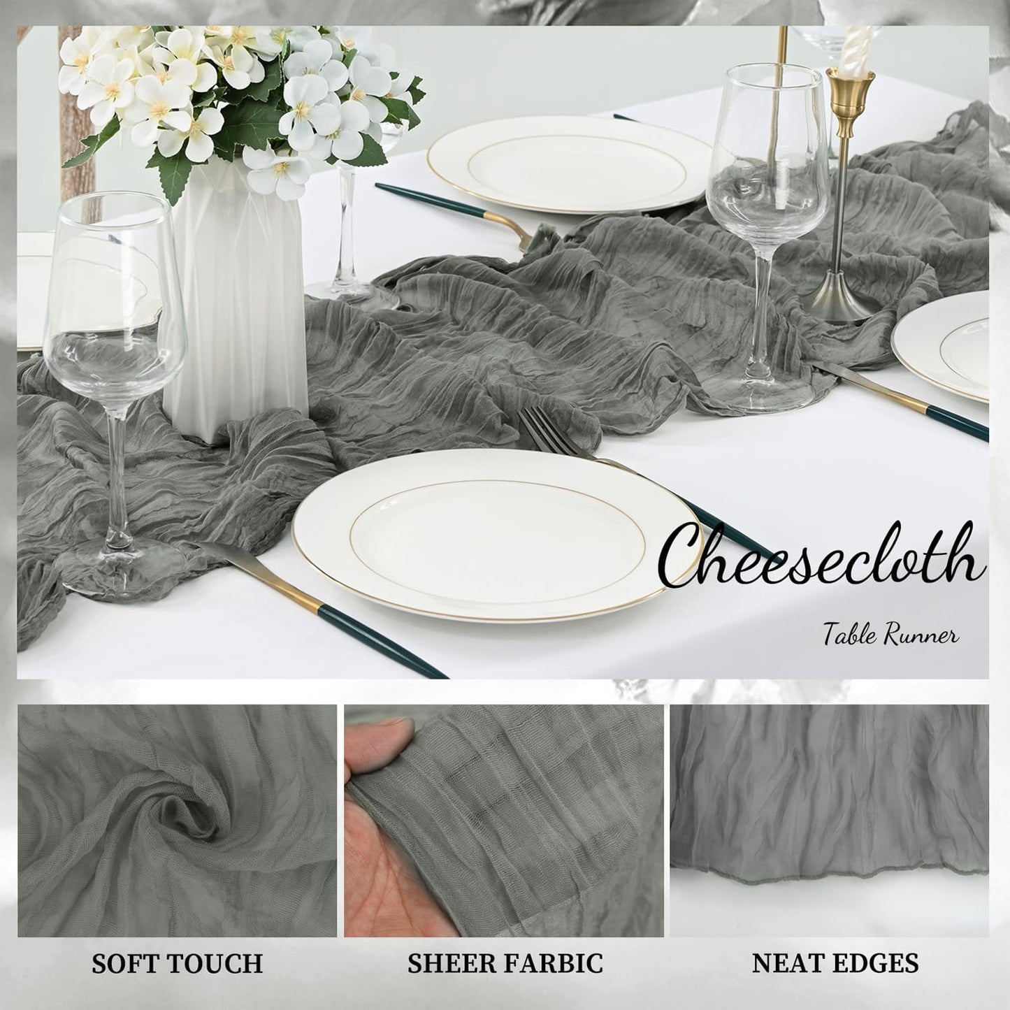 12 Pack Gray 10FT Cheesecloth Table Runner Rustic Gauze Fabric Cheese Cloth Table Runner for Wedding Bridal Baby Shower Table Decor 20 x 120 Inch Long Boho Sheer Birthday Party Table Decorations